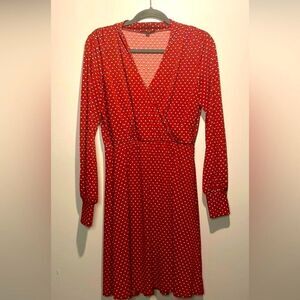 ADRIANNA PAPELL - Long Sleeve Red Polka Dot Faux Wrap Fit & Flare Dress - Size M